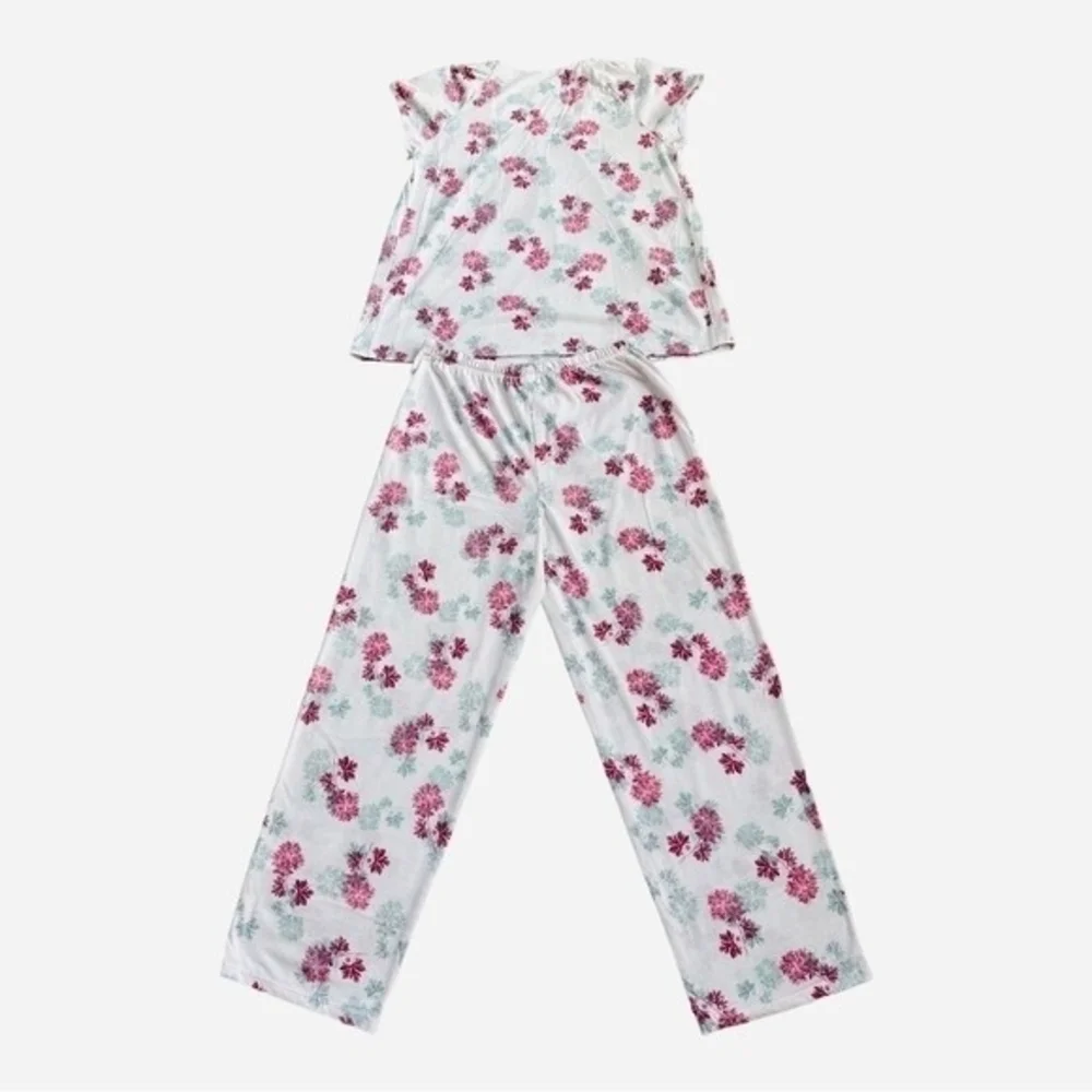 Women Sleepwear EARTH ANGELS PJ Set Pink Grey Floral Print Top Pants Pajama Set